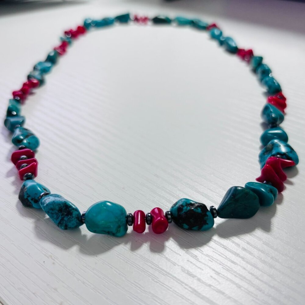 Turquoise Style & Coral Color Necklace 18” Chunky Southwestern Boho - Picture 11 of 11